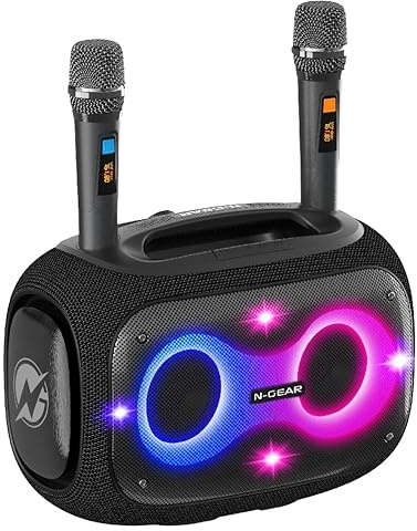 N-Gear NRG 600 Bluetooth-högtalare - Partybox Bluetooth och karaokemaskin med 2 mikrofoner i ett - 600 W, superdjup bas, IPX5-vattentät, 10 timmars batteritid, LED-belysning