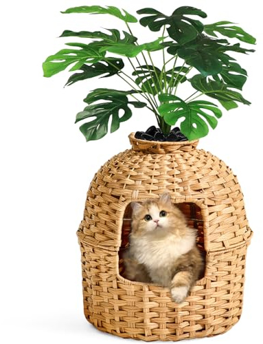 SETVSON Cat Litter Box Plant Furniture Enclosure, Rattan PE House, Natural | Decorative Planter Design, Removable Top for Easy Cleaning, Includes Artificial Plants, Real Stones, 20 x 20 Inches