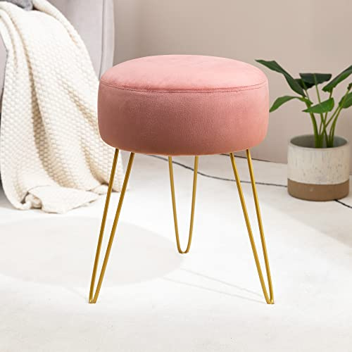LUE BONA Samt Hocker Schminktisch,Runde Sitzhocker,Ottomane gepolstert Hocker Metallbeine unterstützen, Rosa