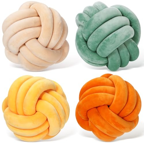 Yerliker 4 Pcs Knot Pillow Ball, 8.7 Inches Soft Home Decorative Round Throw Pillow Handmade Knotted Plush Accent Cushion Gifts for Nursery Decor Home Bed Sofa Bedroom Decoration