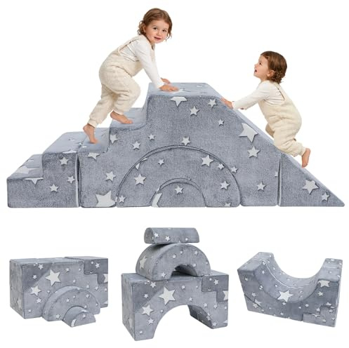 MeMoreCool Kindersofa Grau Stern-Motiv, Modulare Mini Couch aus Schaumstoff Fuer Kinderzimmer, Ausklappbares Spielsofa mit Abnehmbarem Bezug, Weiches Kindersessel ab 1 Jahr