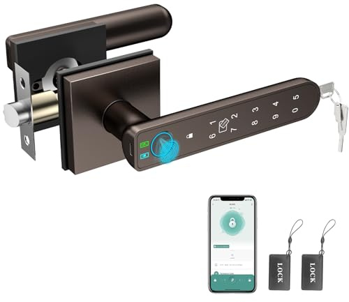 BIWIBON Fingerprint Door Lock, 5 in 1 Smart Door Knob with Smart APP/Fingerprint/IC Cards/Password/Backup Keys, Fingerprint Door Knob with Keypad for Bedroom, Office, Apartment, Square, Coffee Brown