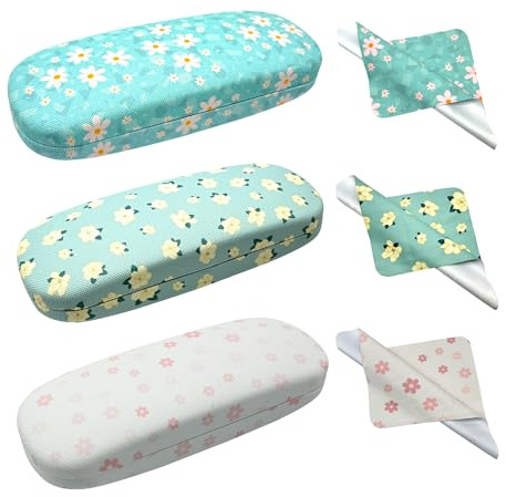 FZSECRIU 3 Stück Brillenetui Hardcas, Brillenetui Damen mit Brillenputztuch，Retro-Blumenmuster für Damen und Kinder, Glasses Case als Geschenk zum Geburtstag und zu Weihnachten (Blumen)