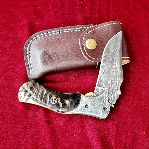 CRAFTOMATIK Damast Stahl Taschenmesser | Klappmesser | Widderhorn, Damast Stahl, Messing, Mosaik Stift Griff | Handgefertigt Outdoor Damastmesser Camping Messer | FK47