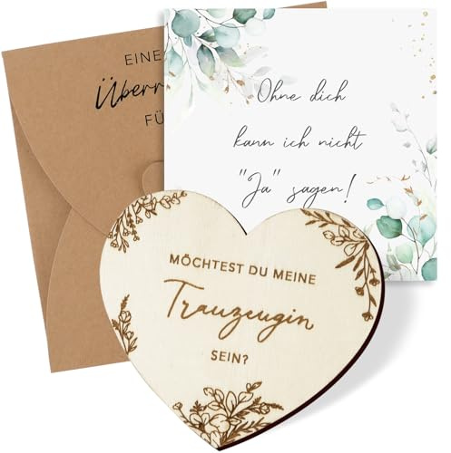 BETESSIN Trauzeugin Geschenk - Trauzeugin Fragen Karte Holz - Herzförmige Hochzeitskarte mit Umschlag - Willst du meine Trauzeugin sein - Kreative Geschenkidee für Trauzeugin und Brautjungfer