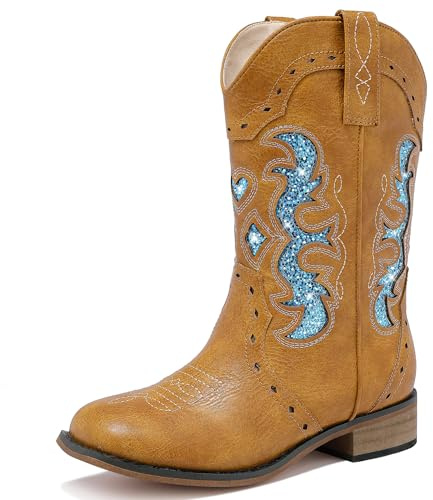 LAURMOSA Little Boy Cowboy Boots for Kids Western Sparkly Cowboy Dress Boots for Boys Size 2 with Heels Square Toe Horse Riding Shoes Zipper Embroidered Dance Party(L1050TanBlue 2)