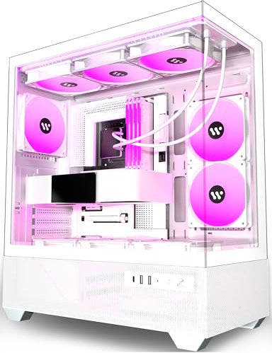 ANSAITE PC Case Pre-Installed 6 × 120mm PWM ARGB Fan, ATX Mid Tower PC Gaming Case, Computer case with Panoramic View Tempered Glass Front & Side Panel, Type C Port (white)