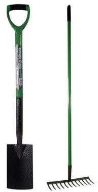 2 Piece Garden Digging Shovel & Rake Tool - Steel Gardening Soil Spade Farm Set Handle | Cultivating All Types Of Soil | Garden Lawn Rake Tool For Gardening & Planting - 2pc