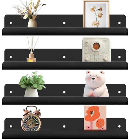 Gucass 4 Pezzi Mensole da Muro Senza Foratura in Acrilico, 30cm Mensole Nero da Parete, Mensola Adesiva Floating Shelves Senza Foratura, per Cameretta, Bagno, Cucina, Salotto, Camera, Studio