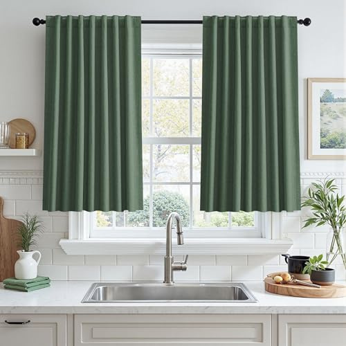 UHITECH Short Blackout Curtains for Small Window 48 Inch Long, Olive Green | Linen Blend, Suitable for Kitchen/Bedroom/Living Room/Basement, Thermal Insulated, Noise Cancelling, Country Style