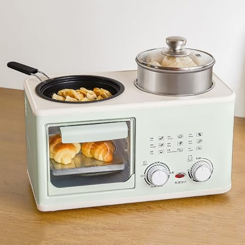 Macchina per La Colazione Multifunzione 4 in 1 da 1200W (8L), con Forno, Padella, Vaporiera, Timer da 60 Minuti, Doppio Tubo Riscaldante A Forma di S, per 2-3 Persone,Green