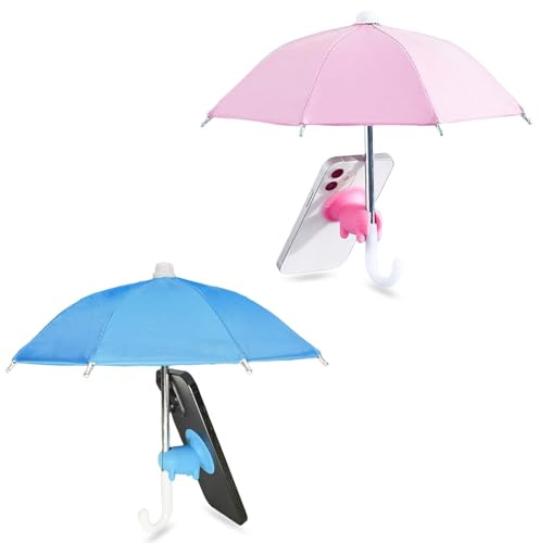 TS-MAYKA 2 Pcs Phone Umbrella for Sun, Mini Umbrella Cell Phone Sun Shade with Cute Piggy Suction Cup Stand, for iPhone and Android Beach Pool Outdoor Sunshade (Blue + Pink)