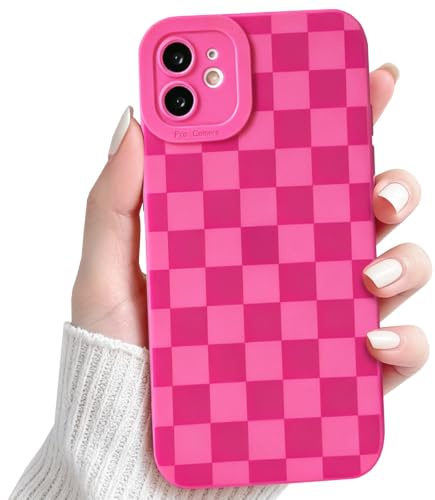 NITITOP Cover per iPhone 12 Mini Custodia con Motivo a Scacchi per Donne e Ragazze Design Flessibile Estetico a Griglia Protezione Integrale con Copertura per Fotocamera - Rosa Barbie