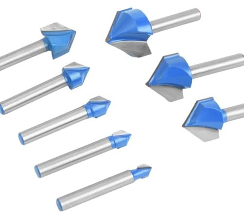 Jeu de 8 fraises à rainurer en V à tige de 6,35 mm, outils de toupie en carbure, conception anti-rebond, fraises coudées à 90 degrés for le travail du bois