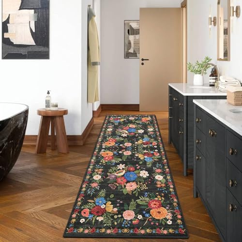 BYBSRLL Hallway Runner Rugs 60x180cm, Non-Slip & Machine Washable Low Pile Kitchen Runner, Floral Printed Soft Carpet Runner for Hall, Entryway, Laundry, Lounge, Office, Bedroom，Black