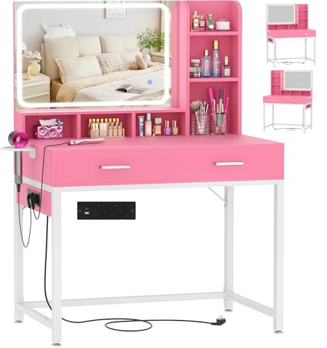 iSunirm Moderno Toeletta da Trucco con Specchio e Luce LED,Toeletta con 2 Cassetti e 1 Scaffali,Tavolo da Toeletta con Presa Elettrica,Adatto per Camera da Letto e Soggiorno,Rosa
