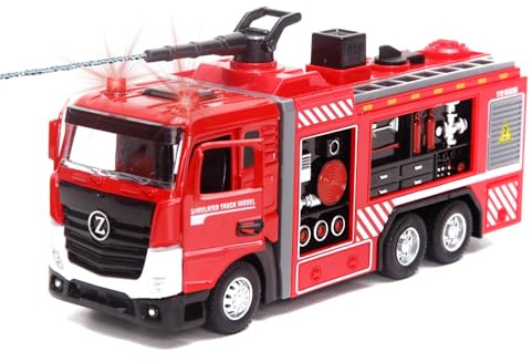 funnykid Camion de Pompiers Jouet dès 4 Ans – Véhicule en métal moulé sous Pression avec lumières, Sons, Canon à Eau, Rotation 360°, Moteur à Friction, Portes ouvrantes et Coffret Cadeau