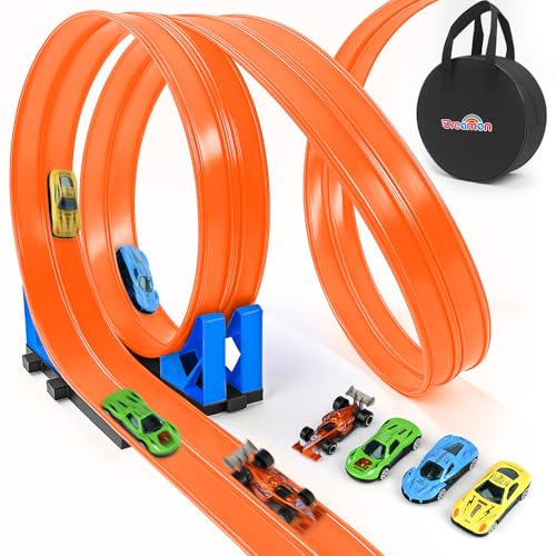 Dreamon Car Track 5M Flexible Race Track for Toy Cars Set with 1 Storage Bag 2 Ramps 4 Cars 4 Suction Cups Christmas Birthday Speed Gifts for Kids 3 4 5 6 7 8 Years Old Boys Girls