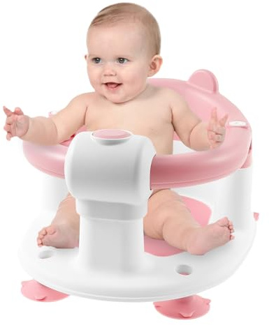 Badewannensitz Baby ab 6 Monate Baby Badesitz mit 4 Rutschfeste Saugnäpfe Klappbare Armlehnen Tragbarer Badesitz Dusche für Babys im Alter von 6 bis 12 Monaten (Rosa)