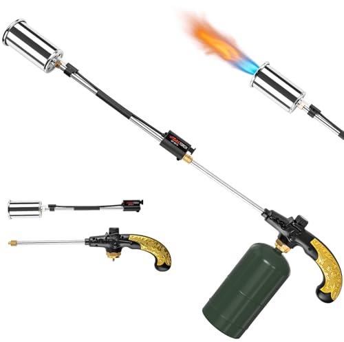 GudeKeen Quemador de malas hierbas, pistola de antorcha de propano de llama ajustable, mango largo desmontable, pulverizador de llama para exteriores (cilindro de combustible no incluido)