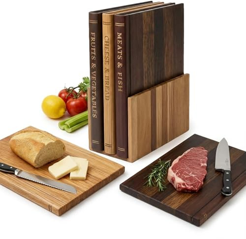 Tablas de Cortar en Forma de Libro, Set 3 Piezas de Madera con Soporte Ahorra Espacio, 3 Colores Diferentes Incluidos, para Cocina, Carne, Pescado, Verduras, Queso y Pan