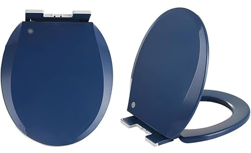 Sedile WC rotondo da 41,9 cm, coperchio silenzioso, cerniere regolabili, design a forma di O, in plastica colorata, con accessori di montaggio, colore blu navy