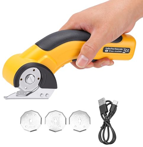 HISUEKIG Tijeras Electrica Costura, cortador Corta Cartón, Cuero, Plástico con Cuchillas de Acero de Tungsteno, Cortador a Batería para Manualidades, Costura, Carpintería Incluye 3 cuchillas