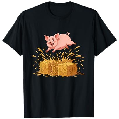 Cerdo Saltando sobre fardos de heno Divertida Escena de Granja Camiseta