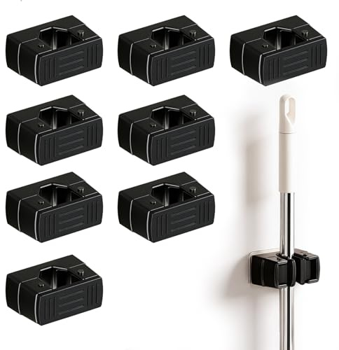 letuxaamz Soporte Escobas Pared, Colgador Escobas y Fregonas y Soporte Escobas Pared Adhesivo 8 Piezas, Organizador de Pared Fuerte sin Taladro para Baño Cocina Garaje Jardín, Negro