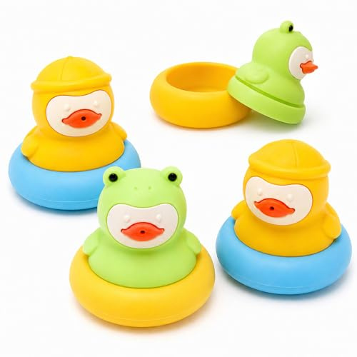 Badespielzeug Baby 4er Set, Silikon Badewannenspielzeug abnehmbar, Spritztiere Ente Frosch für Badewanne, leicht zu reinigen & trocknen, weiche Schwimmtiere für Kleinkinder