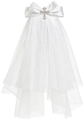 Girls First Communion Veil with Cross First Communion Gifts for Girls Holy Communion Hair Accessories Two-Tier Design White Hair Bows Veil for Baptism Wedding Church Ceremony Flower Girl Decorations