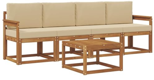 HETFTJN 5-teiliges Gartenmöbel-Set aus Akazienholz Massivholz, Outdoor Lounge-Set mit Sitzkissen und Tisch, Modulare Sitzgruppe für Garten und Terrasse, Natur und Beige