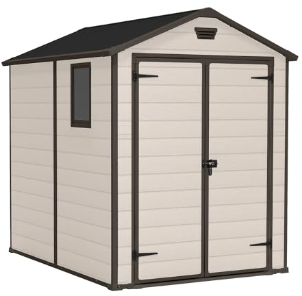 FRANKYSTAR® Manor 6x8 - Casetta da Giardino 185,80x227x236,80 cm 2 Ante per deposito attrezzi finitura effetto legno graffiato in Resina Beige