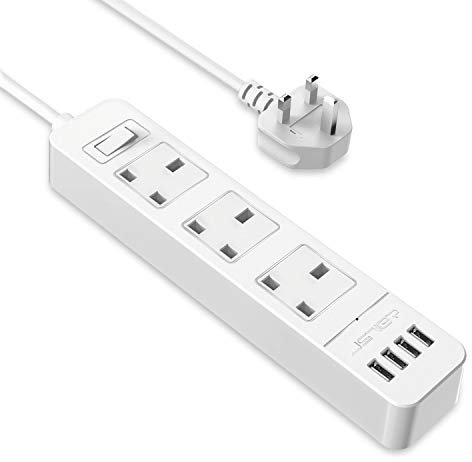 JSVER Extension Lead USB, Power Socket with 3 Outlet 4 USB Charging Station Power Strip USB with 2m Power Lead-White