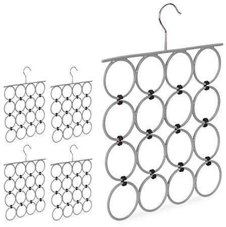 Relaxdays 5 x Perchas Accesorios, Organizador Pañuelos con 16 Anillos, Hierro-PVC, Gris