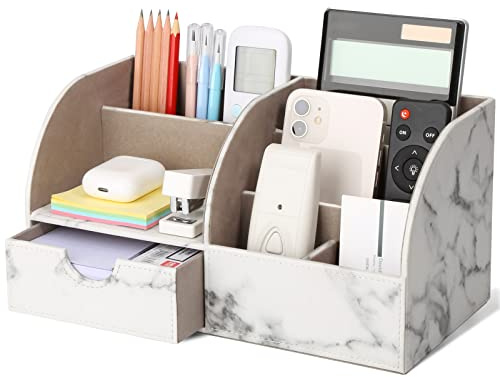 GORESE Multifunktionale Schreibtisch Organizer Aufbewahrung, PU Leder Stiftehalter Schreibtisch Stiftebox Stifteköcher Büro Organizer Bürobedarf (White Marble)