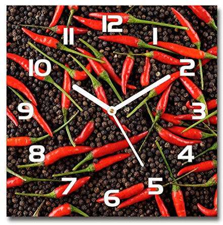 Tulup Horloge en Verre 30x30cm Silencieuse sur Pied Salon Design La Mur Impression Verre Sécurité - Aiguilles d'horloge Blanches - Piments