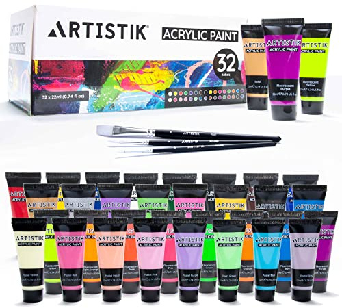 ARTISTIK 32-Color Acrylic Paint Set with 3 Brushes for Adults, Kids & Artists – 22ml Tubes of Artist-Quality Acrylic Paints for Canvas, Wood Crafts, Ceramic & Art Supplies