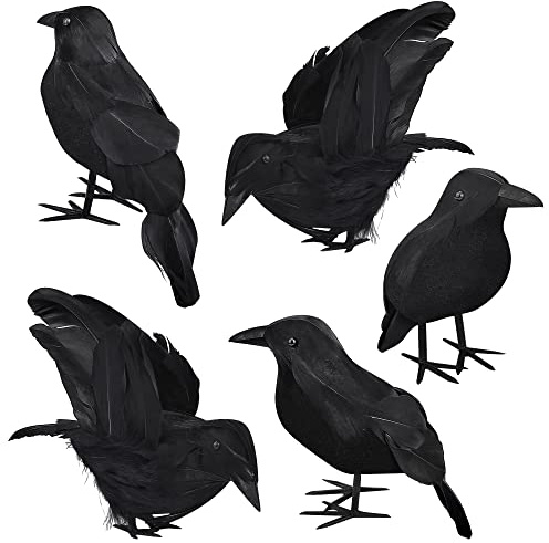 5 Pack Halloween Decorations Crow Spooky Black Artificial Feathered Crows Realistic Looking Flying Raven Birds Decoration for Halloween Party Photo Prop Indoor Outdoor Home Garden Decorations Model