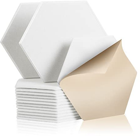 Rdutuok 12 Stück Selbstklebend Akustik Panel,30x26x1cm Hexagon Akustik Absorber Schallschutzplatten Akustikpaneele Wand für Tonstudio, Büro,Studio und Wanddekoration （Weiß）