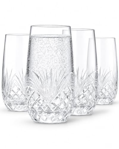 SHOSHIN Hand Cut Highball Glasses Crystal (Set of 4, 17Oz) - Elegant Water Juice Drinking Glasses, Everyday Beverage Glasses, Large Collins Glasses Perfect for Restaurant, Kitchen, Bar