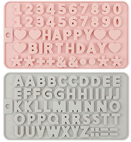 2Pcs Alphabet Mould Set, Jagowa Silicone Happy Birthday Symbols Mould Letters and Numbers Chocolate Molds for Cake Decoration Baking DIY