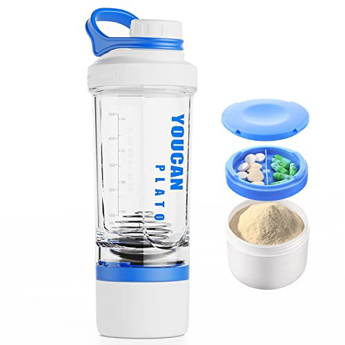 YOUCAN PLATO Shaker Proteinshake,Protein Shaker,Eiweiß Shaker Mit Pulverfach und Kugel,Shake Becher,Fitness Shaker,Schüttelbecher,Shaker Flasche Spülmaschinenfest,BPA frei, mit Tritan,620ML-Blau