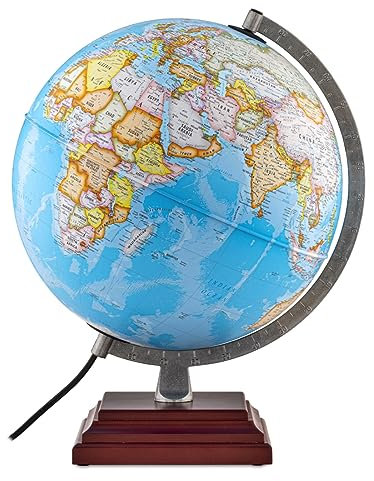 Waypoint Geographic Odyssey Plus Illuminated Globe, 12 Blue Ocean-Style World Globe, Up-to-Date, Light-Up, for Home and Office Decor, 17.5“ H x 13.5“ W x 12“ D