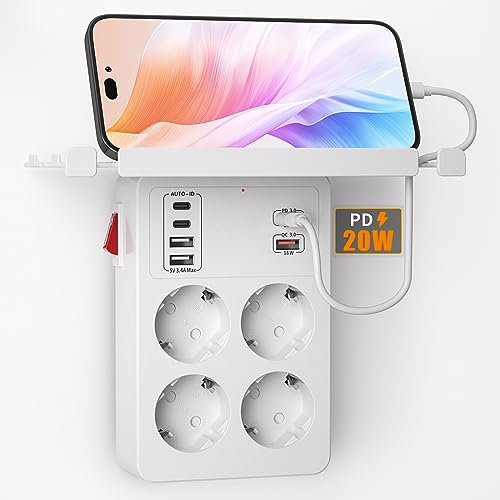 PD20W Multipresa con Interruttore,Presa Multipla da Parete con Ricarica Rapida PD3.0 20W e QC3.0 18W,4 Prese schuko e 6 USB Caricatori,Adattatore Ciabatta Multipresa con Supporto per Telefono,Bianco