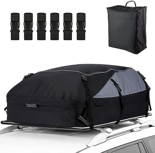 Ranikeer Coffre de toit de voiture pliable de 53 l, étanche, avec 6 boucles de renfort, pour véhicules avec/sans porte-bagages, transport de bagages, camionnettes, SUV