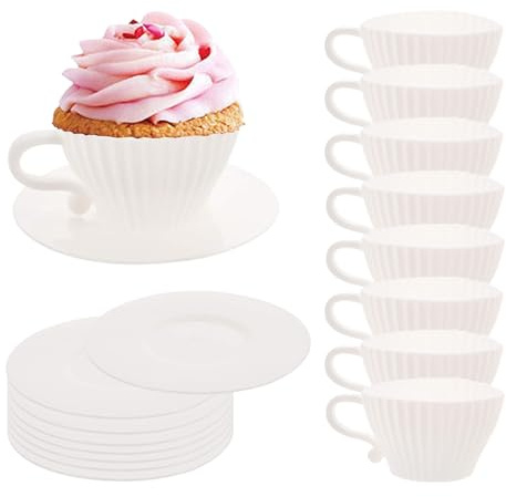 Silicone Muffin Cups for Baking, 16 Pcs Teacup Cupcake Liners, Reusable Muffin Liners, Silicone Cupcake Baking Cups, 8 Cups & 8 Saucers, White