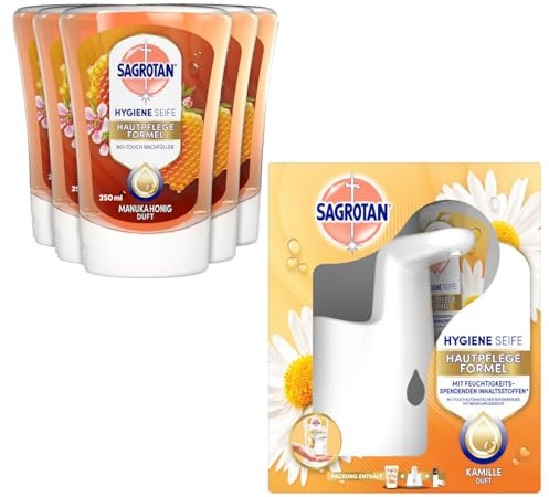 Sagrotan No-Touch Starter Set: 5 Nachfüller Manuka Honig + 1 Automatischer Seifenspender Lotusblüte und Kamille (5X 250ml + 1x 250ml)