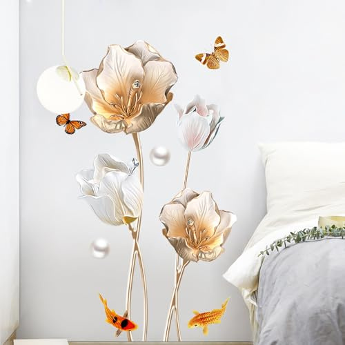 Runtoo Wandtattoo 3D Blumen Gold Wandsticker Tulpen Blüten Wandaufkleber Wohnzimmer Schlafzimmer Badezimmer Wanddeko