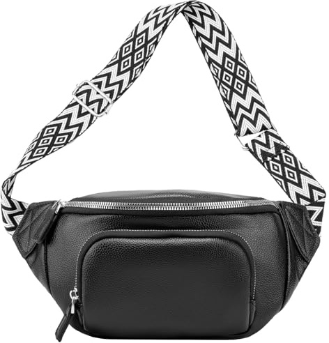 MANNUOSI Damen Mode Hüfttaschen Bauchtasche umhängetasche Damen stylisch hüfttasche Leder brustbeutel Schultergurten Gürteltasche Schwarz 1